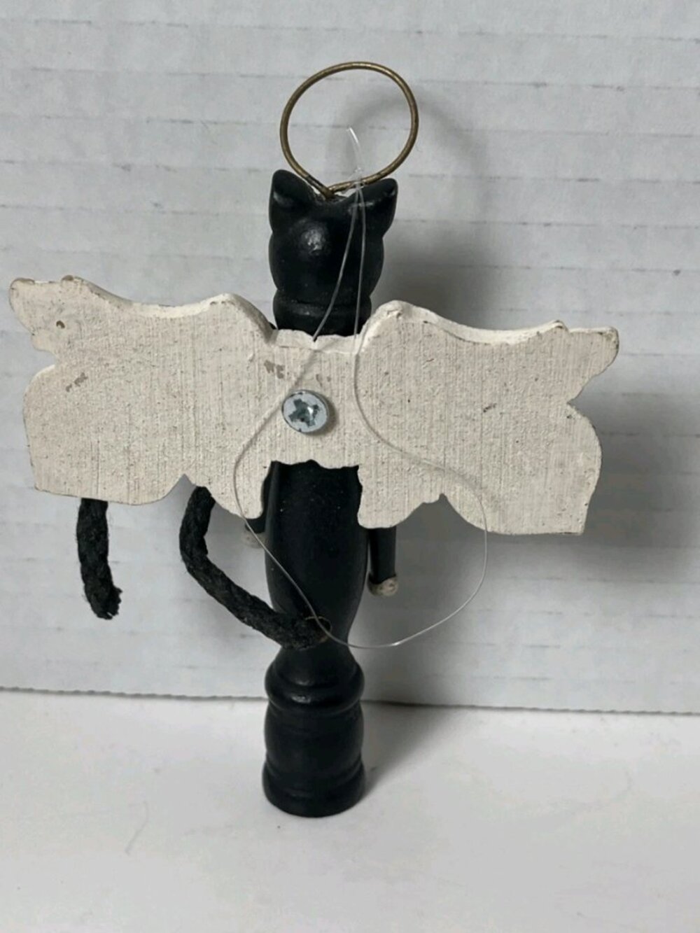 Primitive Black Cat Angel Ornament Jointed Wood Folk Art Christmas Decor - Picture 6 of 10